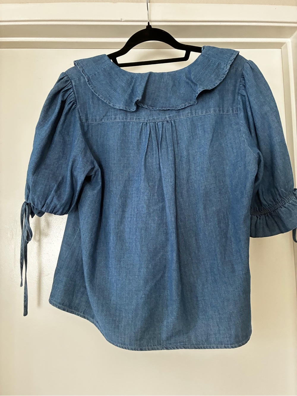 Washed Denim Ruffle-Front Blouse - Blue - Picture 6 of 6